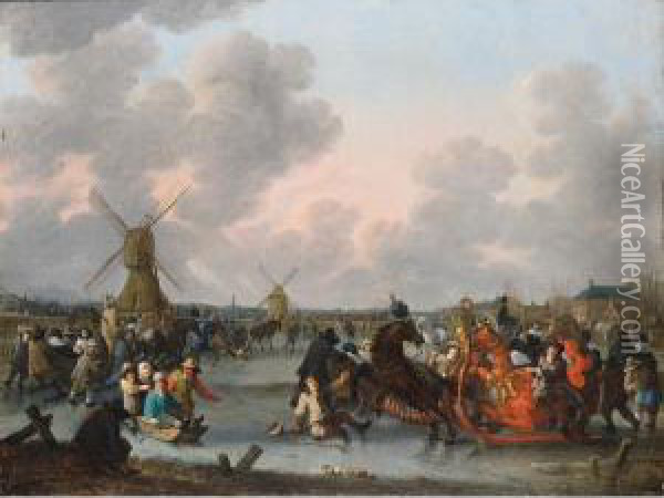Ice Skaters And A Decorated 
Horse-drawn Sleigh On A Frozen River With Windmills And A Town Beyond Oil Painting - Hendrick De Meijer