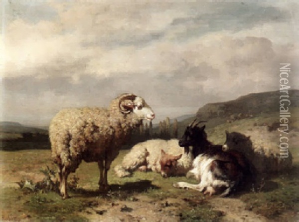 Drei Schafe Und Eine Ziege Auf Einer Anhohe Oil Painting - Louis Robbe