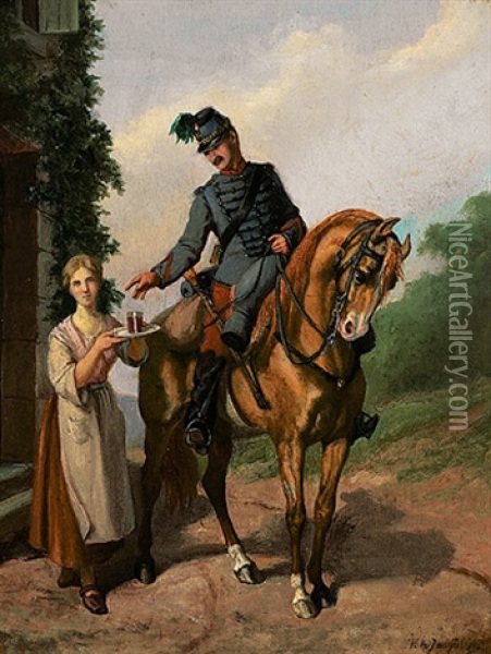 Kavallerist Zu Pferd Empfangt Ein Glas Rotwein Oil Painting - Victor-Philippe-A. de Jonquieres