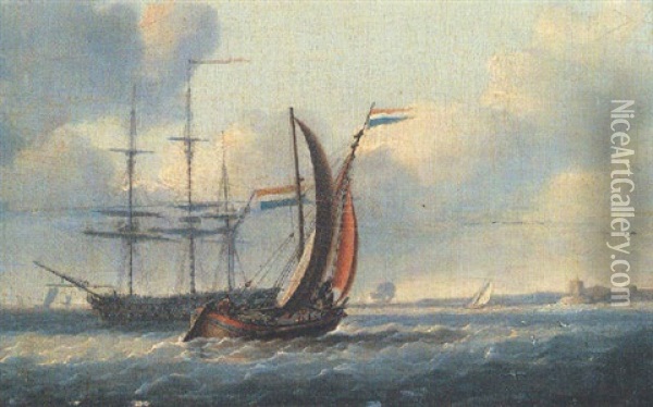A Dutch Smalschip And A Two-decker In Coastal Waters Oil Painting - Charles Martin Powell