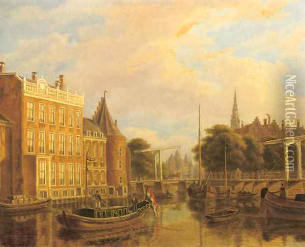 A view of the river Amstel with the Nieuwmarkt and Oude Kerk, Amsterdam Oil Painting - Augustus Wijnantz