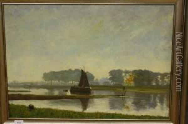 Platbodem In Rivierlandschap Oil Painting - Frederik Adolph Tepe