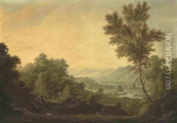 A Mountainous River Landscape With Hunters Carrying A Dear Oil Painting - George Cuitt