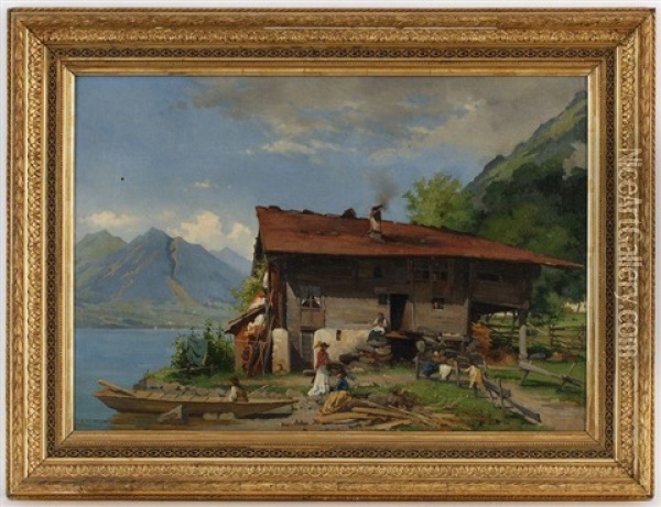 Elegantes En Promenade Au Bord Du Lac Oil Painting - Auguste Bachelin