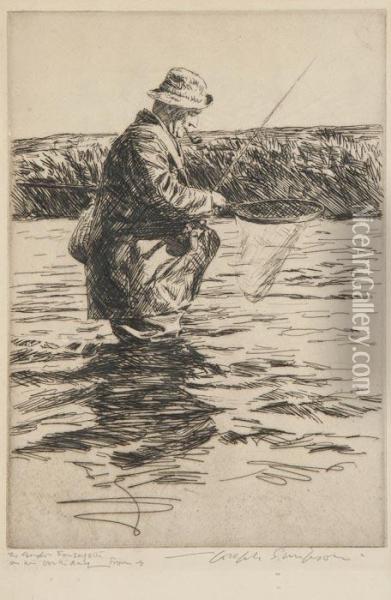 Fisherman Wading In River With Net Oil Painting - Joseph Simpson