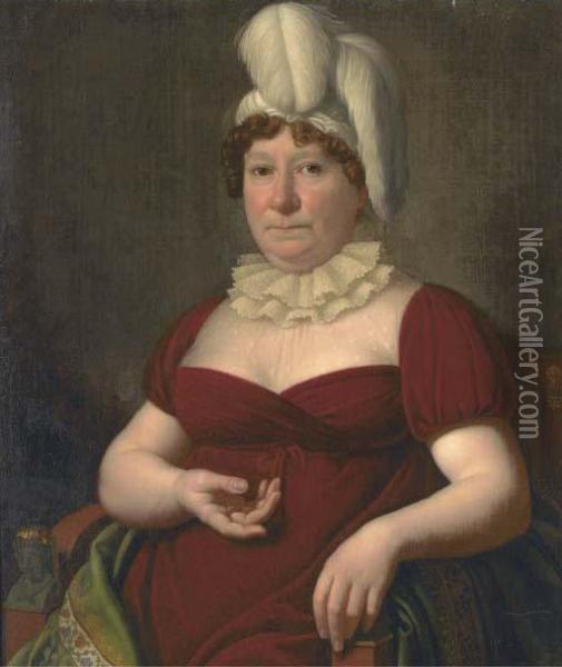Portrait Of A Lady, Half-length, Seated, In A Burgundy Dress With Lace Collar, Wearing A Hat With Feathers Oil Painting - Heinrich Christoph Kolbe