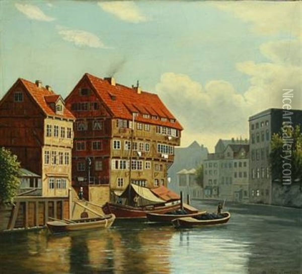Scene From A German Town Oil Painting - August Fischer