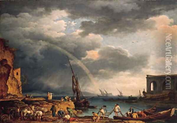 L'Arc en Ciel an Italianate coastal view with a rainbow, fishermen and peasants at an inlet in the foreground, a shipwright's yard beyond Oil Painting - Claude-joseph Vernet