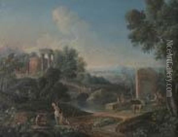 Paesaggio Fluviale Nei Dintorni Di Roma Con Fontana E Lavandaie Oil Painting - Jan Frans Van Bloemen (Orizzonte)