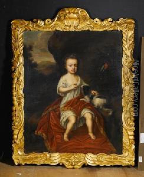 Portrait Of A Young Boy, In A 
White Chemise,seated In A Landscape With A Dog At His Side And A 
Parrotnearby Oil Painting - Mary Beale