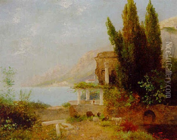 A Coastal Landscape With Classical Ruins Oil Painting - Georg Fischhof