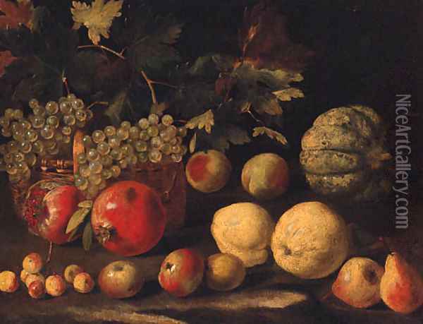 Grapes in a basket with a melon Oil Painting - Abraham Brueghel