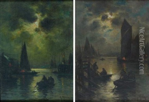 Scene De Port, La Nuit (pair) Oil Painting - Georges Philibert Charles Maroniez