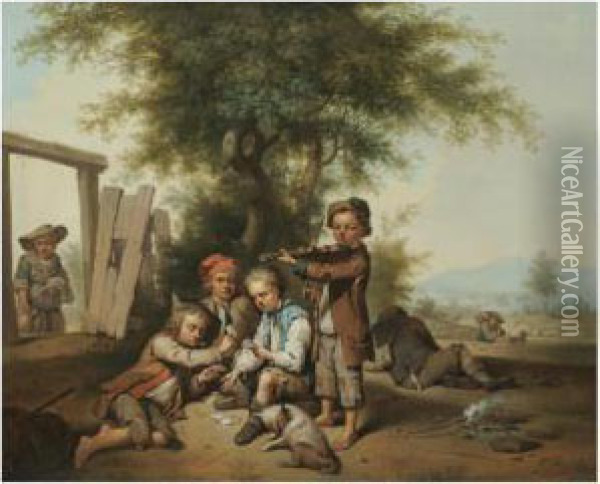 Young Boys Playing Cards And The Violin In A Landscape Oil Painting - Joseph Conrad Seekatz
