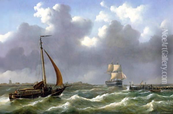 Dutch Ships Sailing In Rough Waters Oil Painting - Abraham Hulk Snr