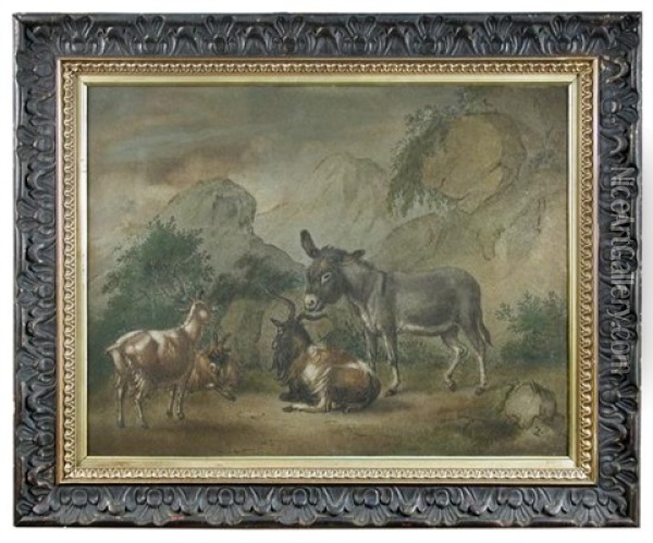 A Donkey With Goats In A Landscape Oil Painting - Benjamin Zobel