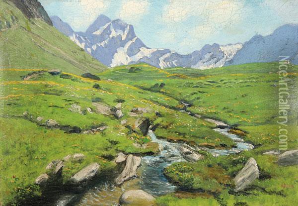 Summer Alpine Landscape Oil Painting - Heinrich Baur