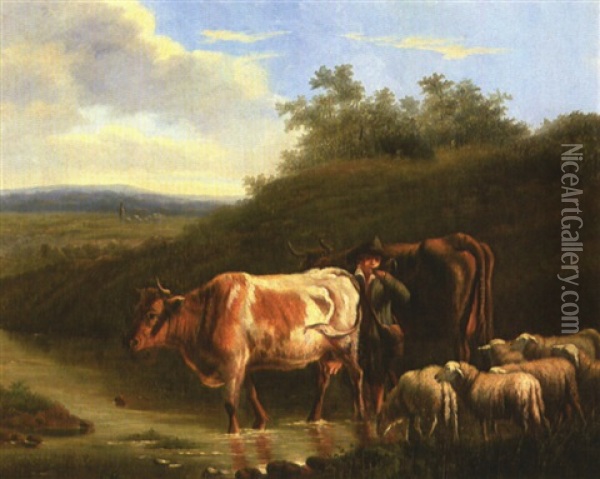 A Herdsman Calling Animals To Water Oil Painting - Louis Robbe