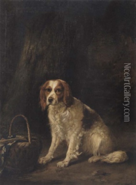 A Red And White Spaniel Seated By A Tree Oil Painting - Emanuel Noterman