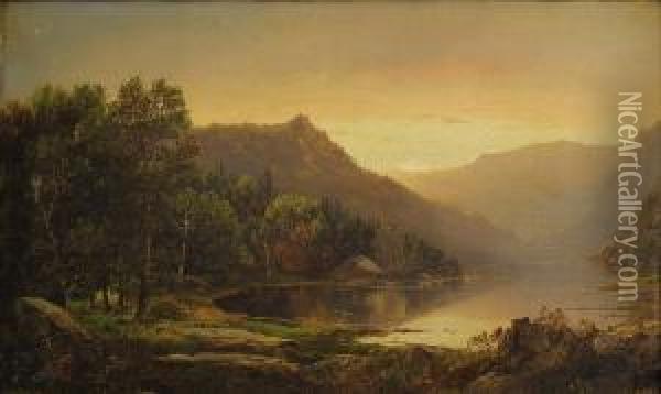 New England Mountain Lake At Sunrise Oil Painting - William Louis Sonntag