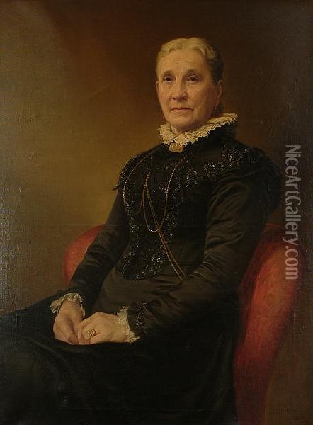 Portrait Of An Older Woman, Seated, Wearing A Black Dress With A White Lace Collar Oil Painting - J.R. Makin