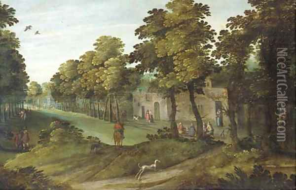 A village landscape with an avenue of trees, a horseman and a dog in the foreground Oil Painting - Marten Ryckaert