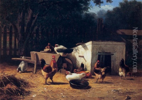 Chickens In A Barnyard Oil Painting - John Henry Dolph