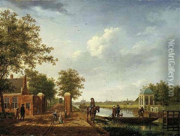 A View Of Amsterdam From The 't Spaarne Canal In Slooterdijk With Travellers On A Towpath By The Tollgate And A Couple On A Ferry Oil Painting - Isaac Ouwater