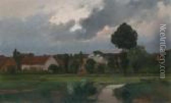 River Landscape With Houses Oil Painting - Adolf Kaufmann