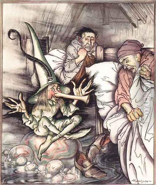 King of the Golden River: The Old Gentleman Reclined on a Globe Oil Painting - Arthur Rackham