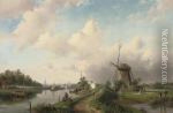 A Summer's Day At A Dutch Windmill Oil Painting - Charles Henri Leickert