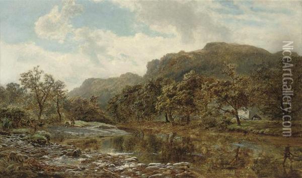 Landing A Catch On A Quiet Spot Of The River Oil Painting - Robert Gallon