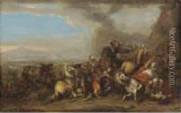 A Cavalry Skirmish In An Extensive Valley Landscape Oil Painting - Salvator Rosa