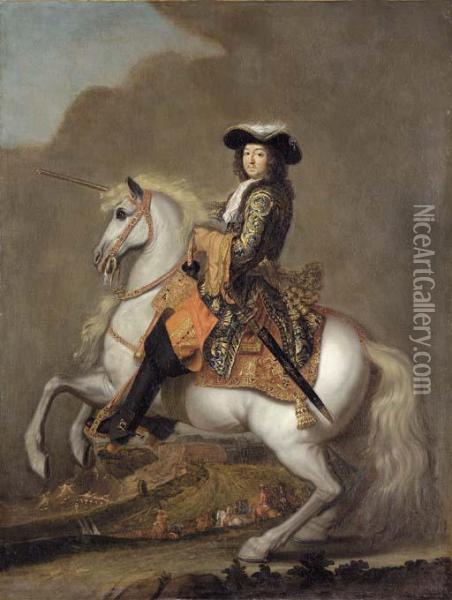 Equestrian Portrait Of Louis Xiv Oil Painting - Adam Frans van der Meulen