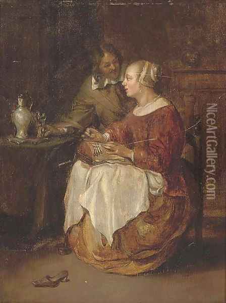 A lady sewing with a gentleman in an interior Oil Painting - Gabriel Metsu