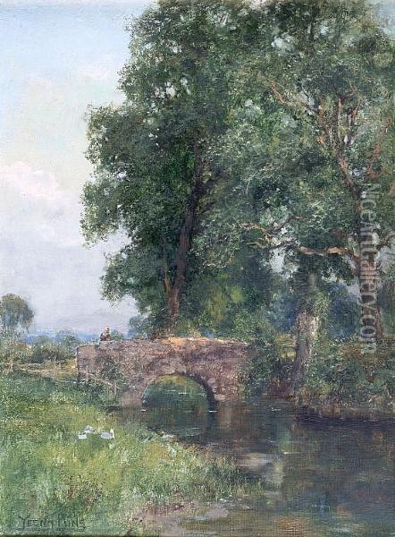 Tranquil River Landscape With A Figure On A Bridge Oil Painting - Henry John Yeend King