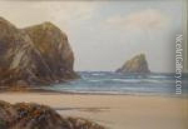 A Cornish Coastal Scene Oil Painting - Frederick John Widgery