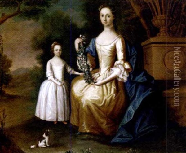 An Elegant Lady And Her Daughter By A Fountain In An Extensive Landscape Oil Painting - Bartholomew Dandridge