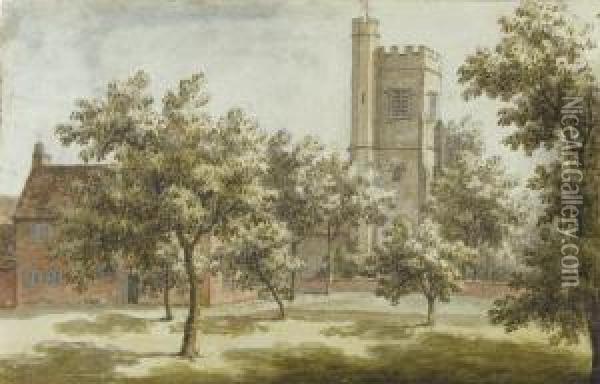 A Church Tower Seen From An Orchard, Probably St. Mary's,beddington Oil Painting - Jonathan Skelton