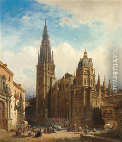 View Of Toledo Cathedral With Corpus Christi Procession Oil Painting - Friedrich Eibner