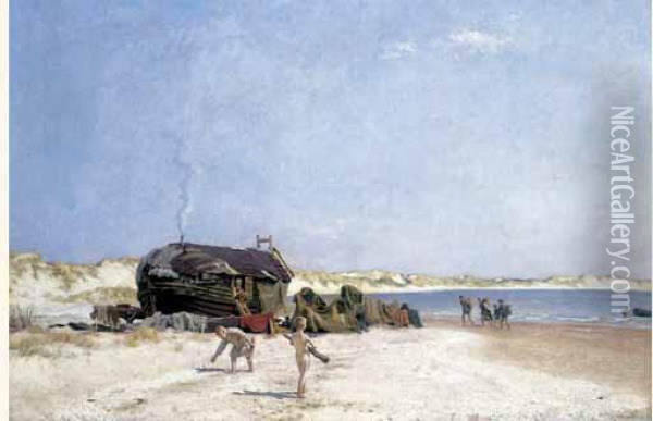Sur La Plage, 1896. Oil Painting - Francis Tattegrain