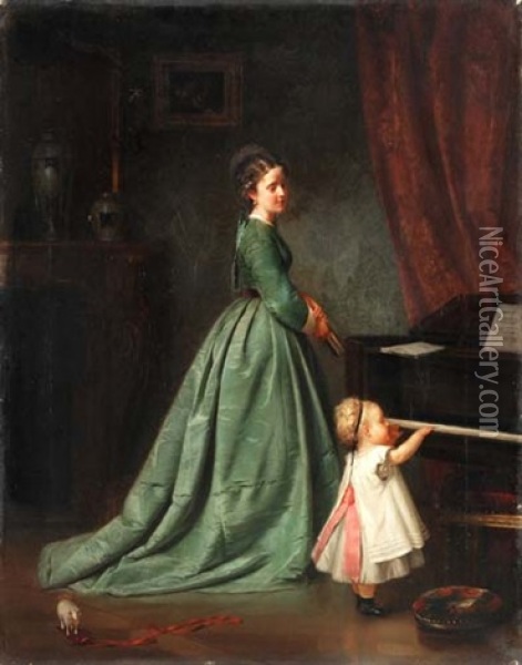 Mutter Und Kind Beim Musizieren Oil Painting - Josef Munsch