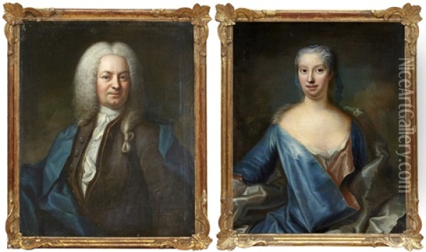 Portratt Av Herre I Bla Kappa Och Dam I Bla Klanning (pair) Oil Painting - Johann Henrik Scheffel