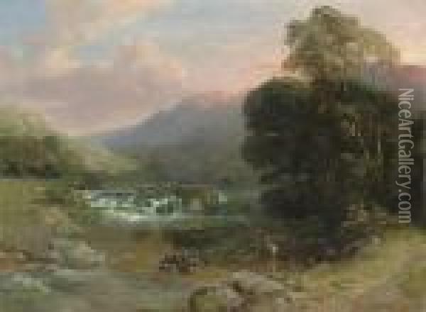 Fishing On The Wye, Monsaldale Oil Painting - Henry Moore