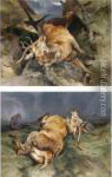 A Deer Fallen From A Precipice; And A Deer Just Shot Oil Painting - Landseer, Sir Edwin
