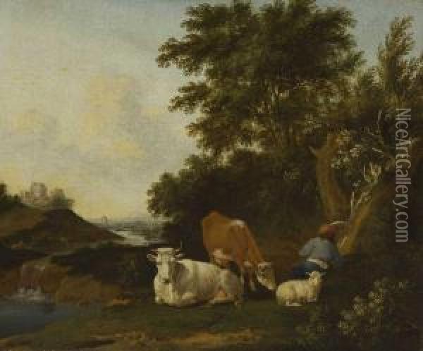 Ruhender Hirte Mit Kuhen Und Schaf In Flusslandschaft Oil Painting - Anthonie Van Borssom