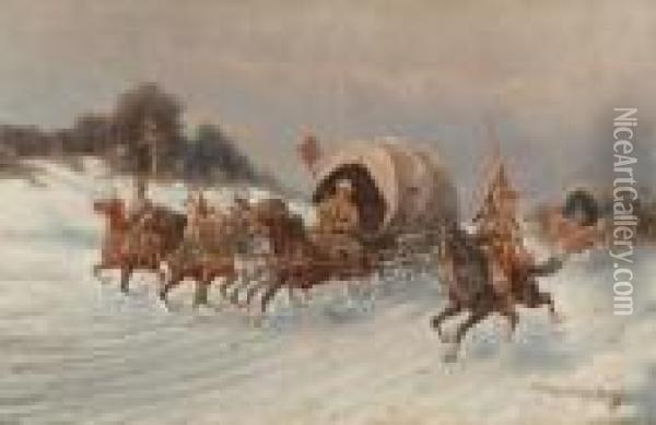Cossacks In The Snow. Oil Painting - Adolf Baumgartner