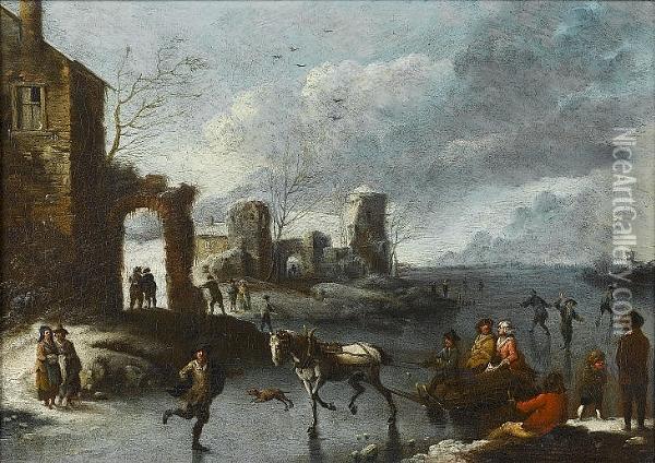 A Horse-drawn Sleigh And Skaters On A Frozen River Oil Painting - Peeter van Bredael