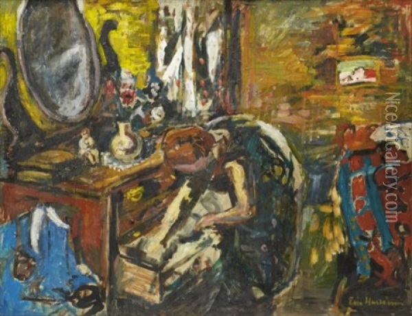 Interior Med Kvinna Vid Byra Oil Painting - Eric C. Hallstroem