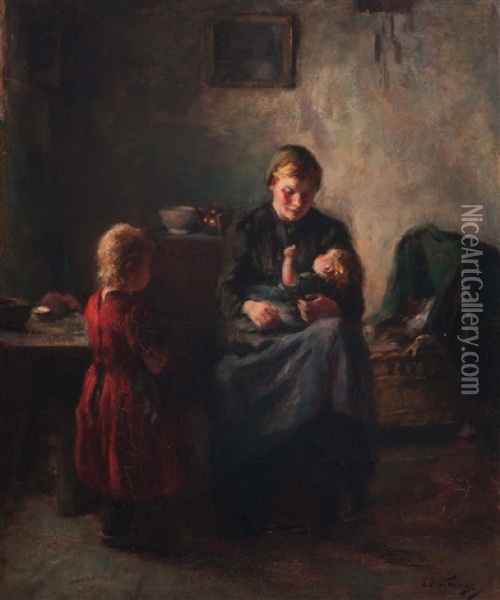 Mother With Two Children In An Interior Oil Painting - Lammert Van Der Tonge